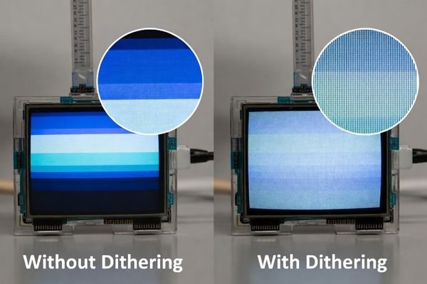 A side-by-side comparison showing a color gradient with and without dithering