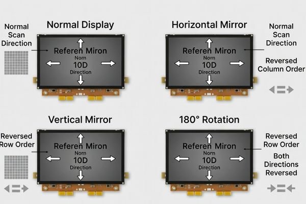 Diagram illustrating horizontal and vertical image mirroring on an LCD panel
