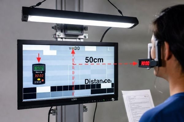 A photo of a controlled inspection station with defined lighting and viewing distance