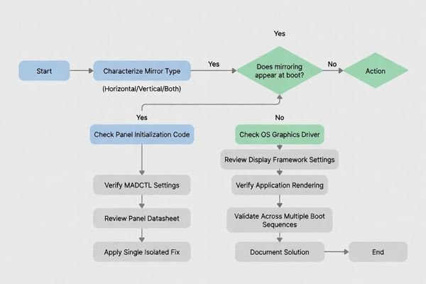 Flowchart illustrating a systematic workflow for fixing a mirrored LCD display image