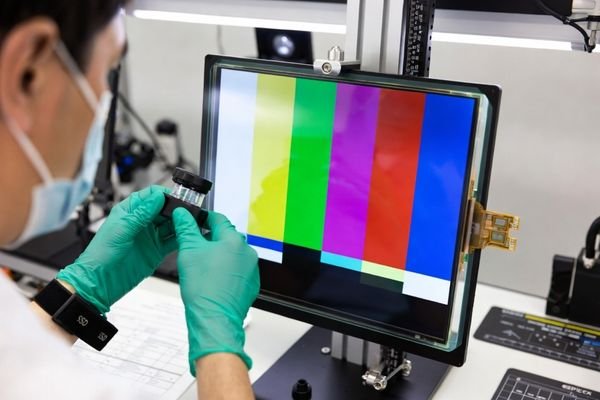 A quality inspector examining an LCD module for pixel defects