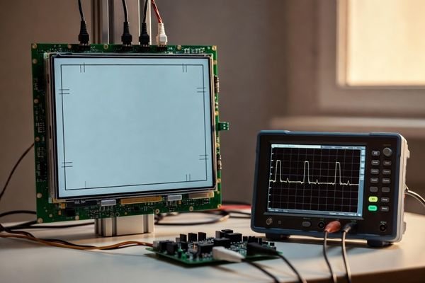 Large LCD display module on an engineering bench showing a border test pattern while an oscilloscope displays active-high and active-low timing signal polarity.