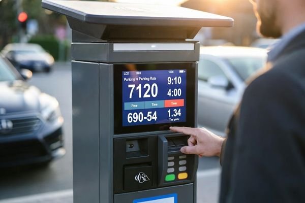 A person using a parking payment terminal with a clear, readable LCD display