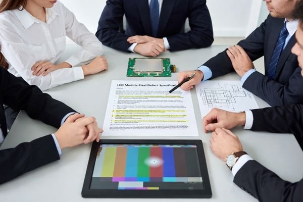 Two people arguing over a contract document with an LCD module in the background