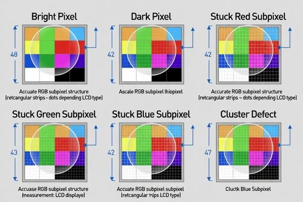 A diagram showing different types of pixel defects: bright, dark, subpixel, and cluster