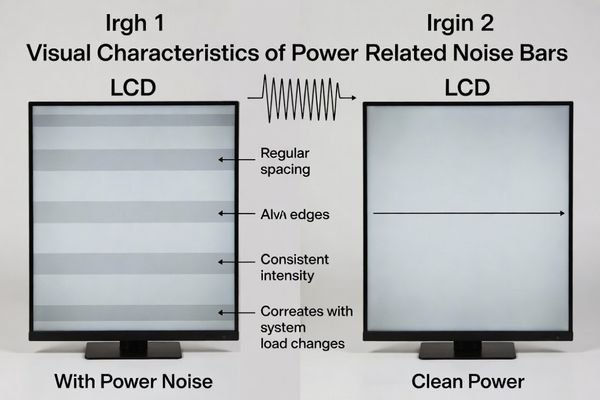 A comparison showing an LCD screen with and without periodic noise bars