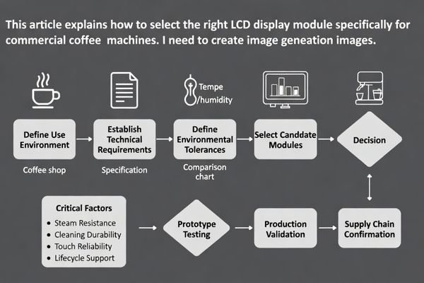 A structured engineering flowchart showing LCD module selection from requirement definition to validation