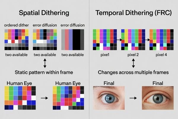 An illustration comparing spatial dithering patterns and temporal dithering frames