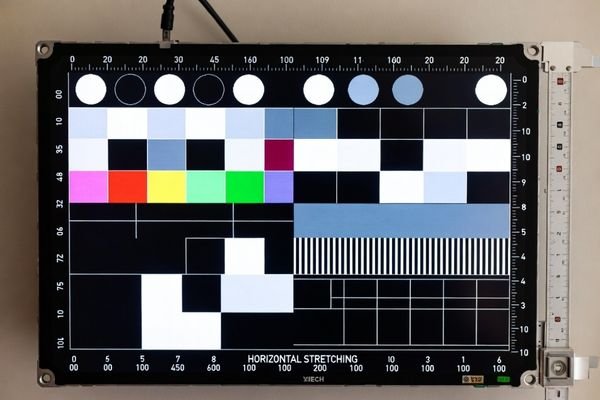 A test pattern with circles and squares shown distorted on a stretched display