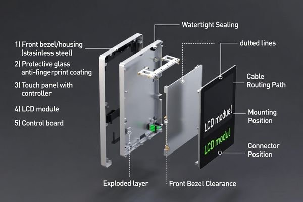 A CAD-style integration view of an LCD module, touch panel, and coffee machine front bezel