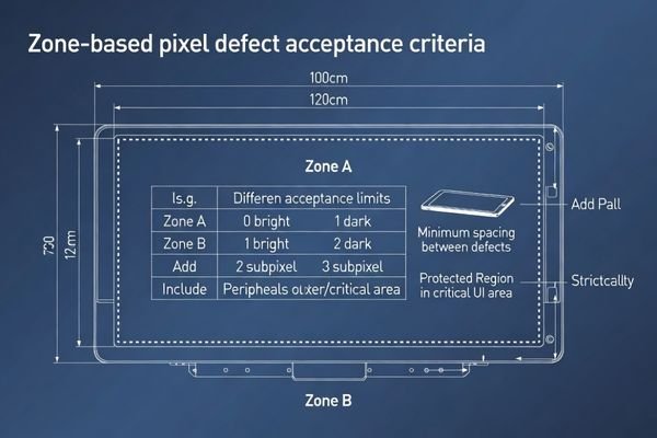 A diagram of an LCD screen divided into Zone A (center) and Zone B (edges)