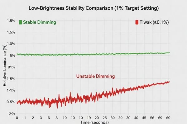 A graph showing stable vs. unstable luminance over time at a low brightness setting
