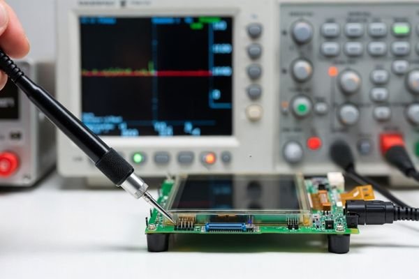 An oscilloscope probe measuring BL_EN at the module connector during boot and reset