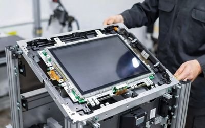 LCD module installed into equipment housing with mechanical assembly details