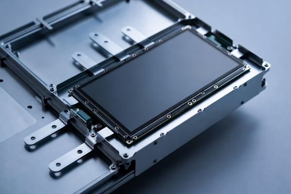 Mechanical and structural integration image showing a custom LCD module with frame, mounting brackets, and housing structure