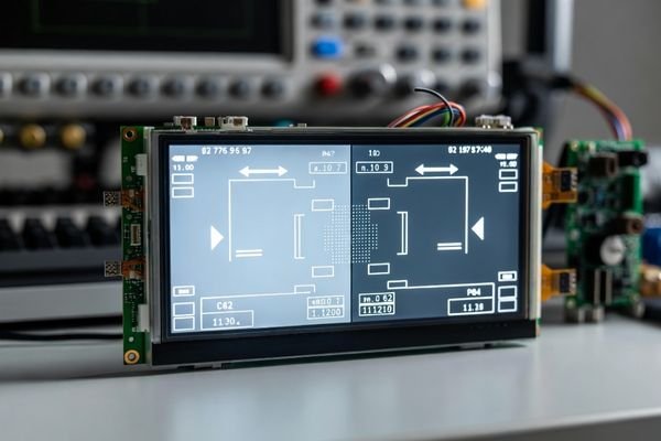 Mirrored LCD display module image comparison on an engineering test bench showing correct and flipped screen orientation