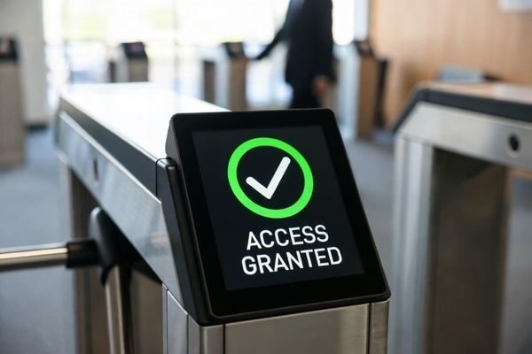 A modern access gate with an integrated LCD display showing a 