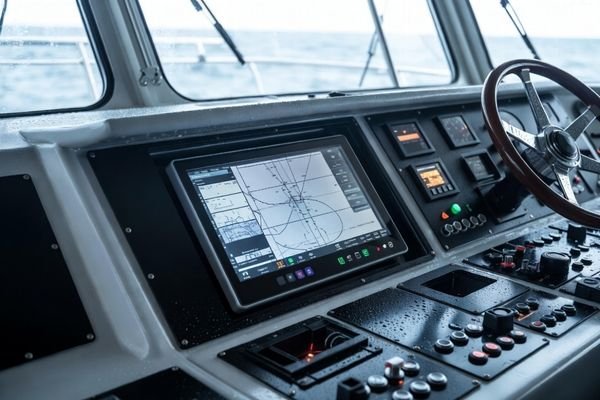 Moisture-resistant LCD display module integrated into a marine control console inside a ship bridge