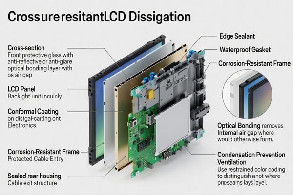 Cross-section illustration of an optically bonded LCD module with edge sealing and protected layers