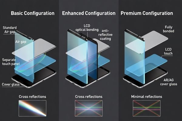 A comparison of an LCD screen with and without an anti-reflection coating under direct light