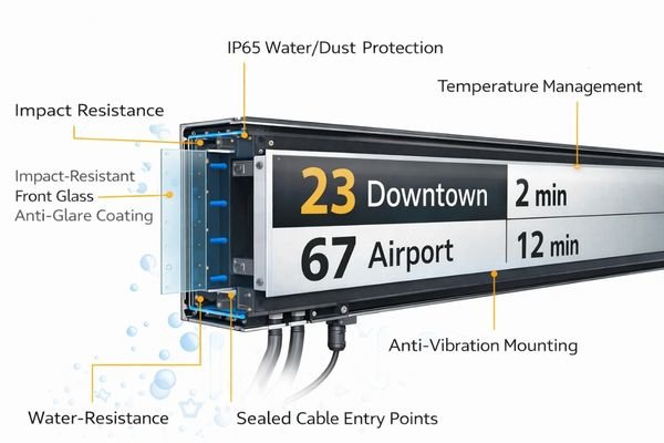 A rugged enclosure for a bar LCD display at a bus stop