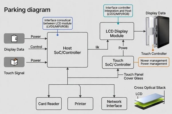 A block diagram showing the integration of an LCD module, touch controller, and host SoC