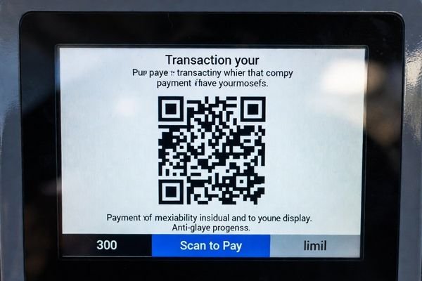 A close-up of a parking payment terminal screen showing a high-contrast QR code and payment instructions