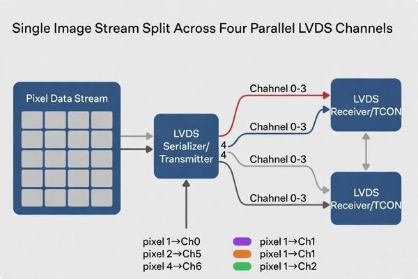 A block diagram showing a pixel stream being split into four LVDS channels