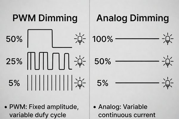 A diagram comparing PWM dimming and analog dimming waveforms