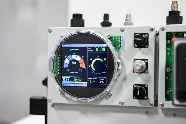 Circular LCD display integrated into an industrial device showing gauges and operational indicators