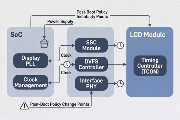 A block diagram of a typical display clock chain from SoC to LCD module