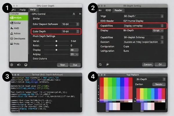 Software utility screen showing display output settings and current bit-depth configuration