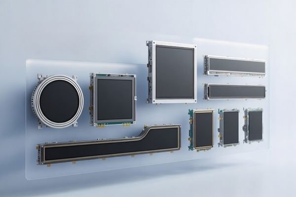 A premium industrial image showing custom LCD module development in a semi-exploded layered view, including glass, LCD panel, PCB driver board, connector section, and metal housing for precision-engineered display solutions.