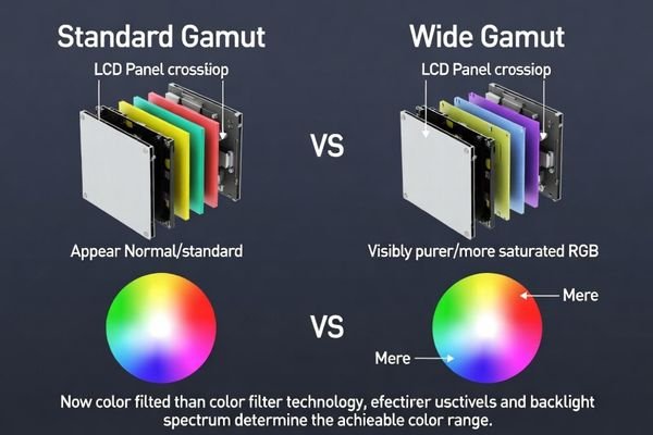 An illustration comparing a standard color gamut with a wide color gamut