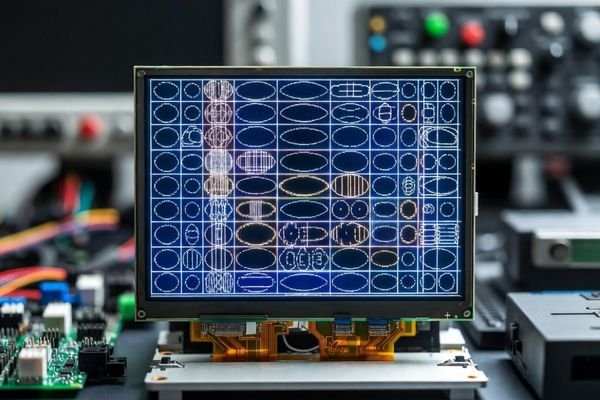 Stretched LCD display module image on an engineering test bench showing distorted circles and grid patterns caused by output resolution mismatch