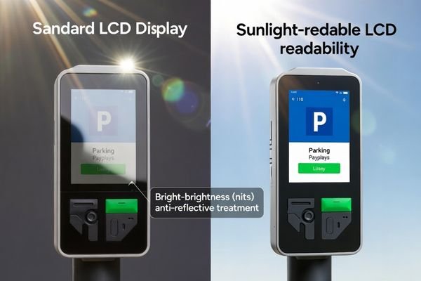 A side-by-side comparison of a standard display and a sunlight-readable display in bright light