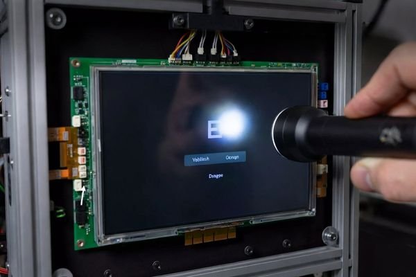 An image of a screen that is dark but shows a faint image when a flashlight is shined on it