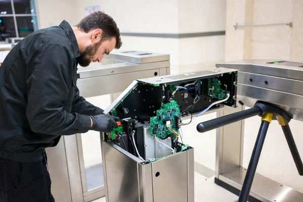 A technician servicing the internal components of an access gate