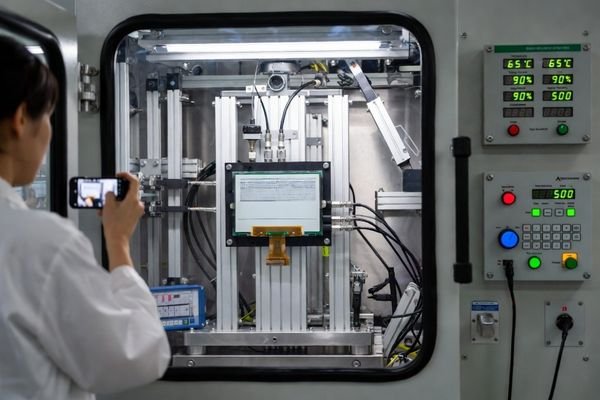 LCD module undergoing environmental humidity testing in a controlled chamber