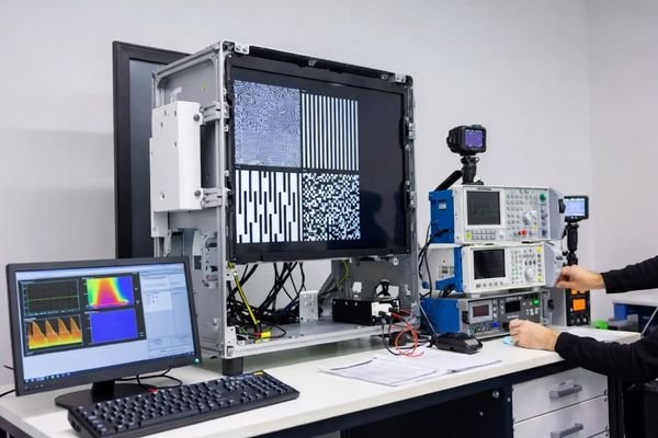 An engineer performing ESD testing on the front panel of a ticketing machine
