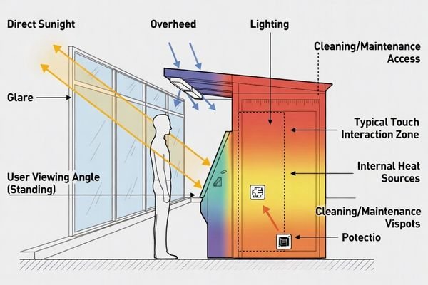 A ticketing machine located in a brightly lit airport terminal with large windows