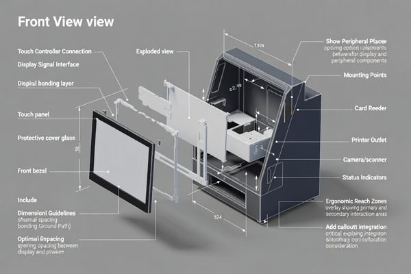 A diagram showing the layout of a ticketing machine's front panel with display, card reader, and printer