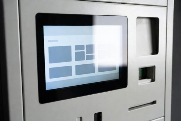 Modern ticketing machine mock-up with an LCD display module behind a cover lens showing a text-free button layout, with subtle glare reflection and card and ticket slots.