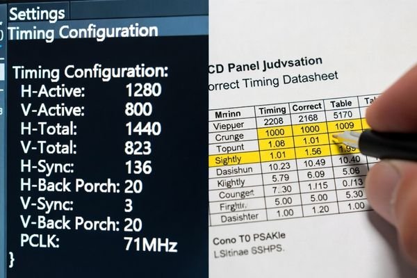 A screenshot of a timing configuration file alongside the panel datasheet's timing table