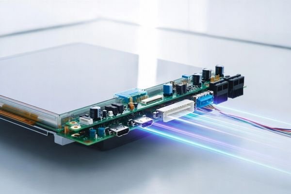 Display interface customization image showing a custom LCD module with PCB, connector area, and signal interface design