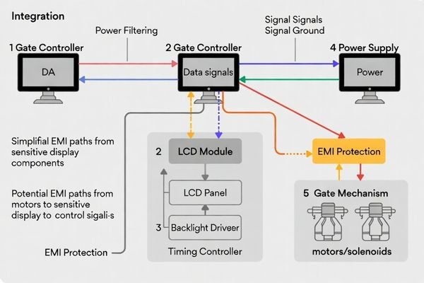 A simplified block diagram of a turnstile controller connected to an LCD module and backlight driver