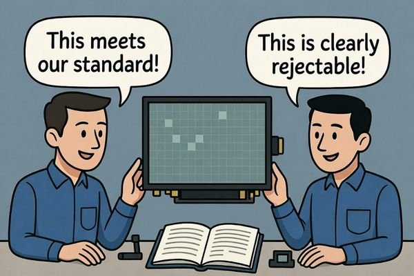 A diagram showing a quality inspector and a supplier disagreeing over a display with mura