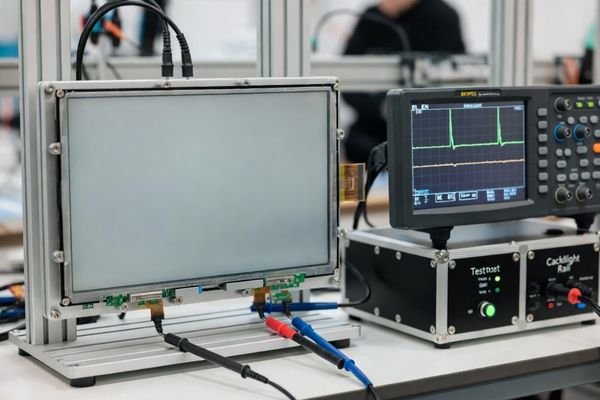 Production test setup validating BL_EN backlight enable logic on a large LCD display module with an oscilloscope and test fixture.