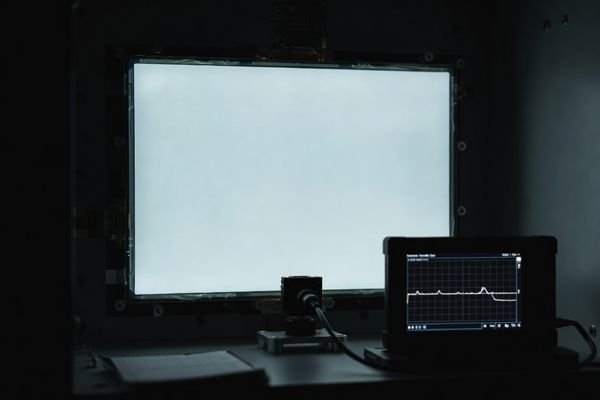 Low-light setup validating stable low-brightness dimming on an LCD display module using a photodiode sensor and data logger.
