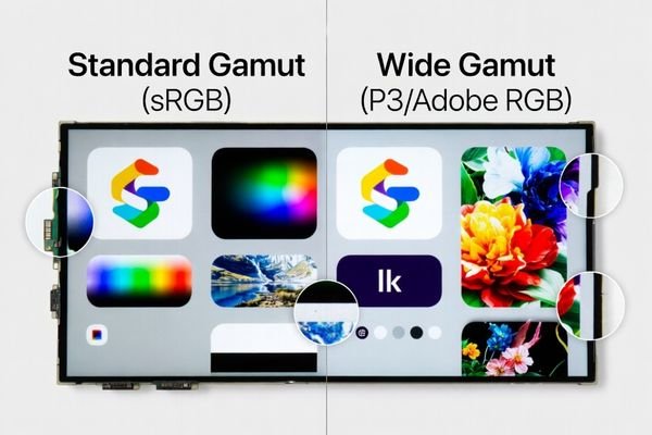 A side-by-side comparison of an image on a standard gamut display versus a wide gamut display